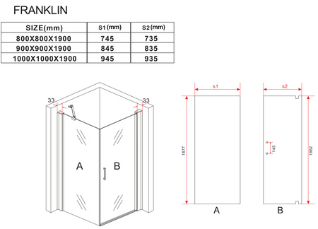 KABINA PRYSZNICOWA FRANKLIN KWADRATOWA TRANSPARENTNA - 100X100X190 CZARNY