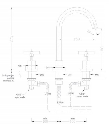 BATERIA UMYWALKOWA VERANNI 3-OTWOROWA SEM-1106V STARE ZŁOTO