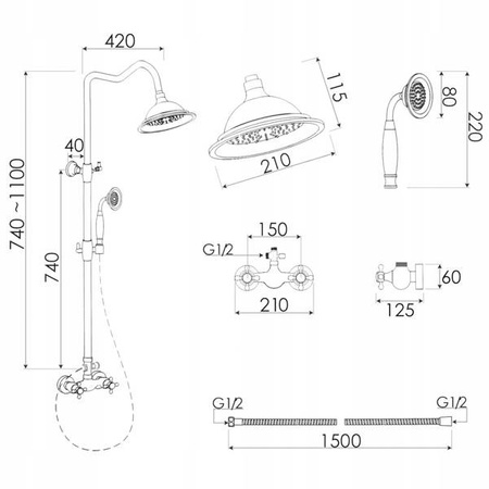 ZESTAW PRYSZNICOWY RETRO CAMILLA NATRYSKOWY NATYNKOWY S-1158V STARE ZŁOTO